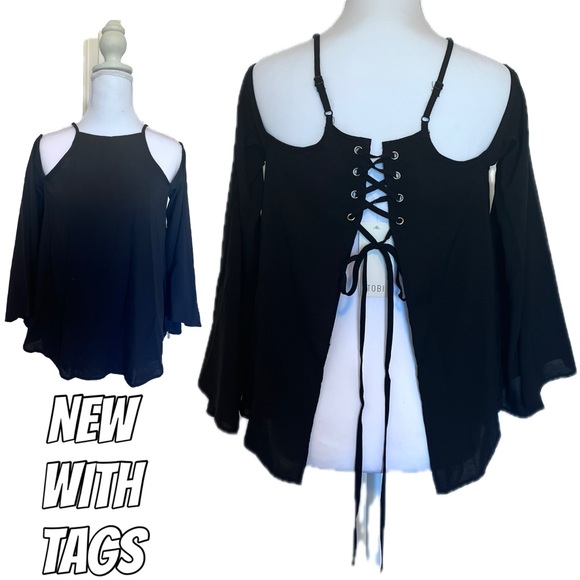 Black Lace-Up Off the Shoulder Adjustable Straps Top Sz Small NWT by Tobi - Picture 1 of 11